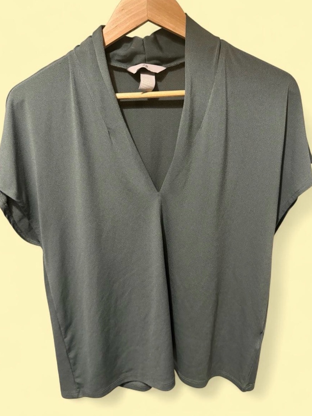 H&M Draped V-Neck Short Sleeve Top in Charcoal Olive